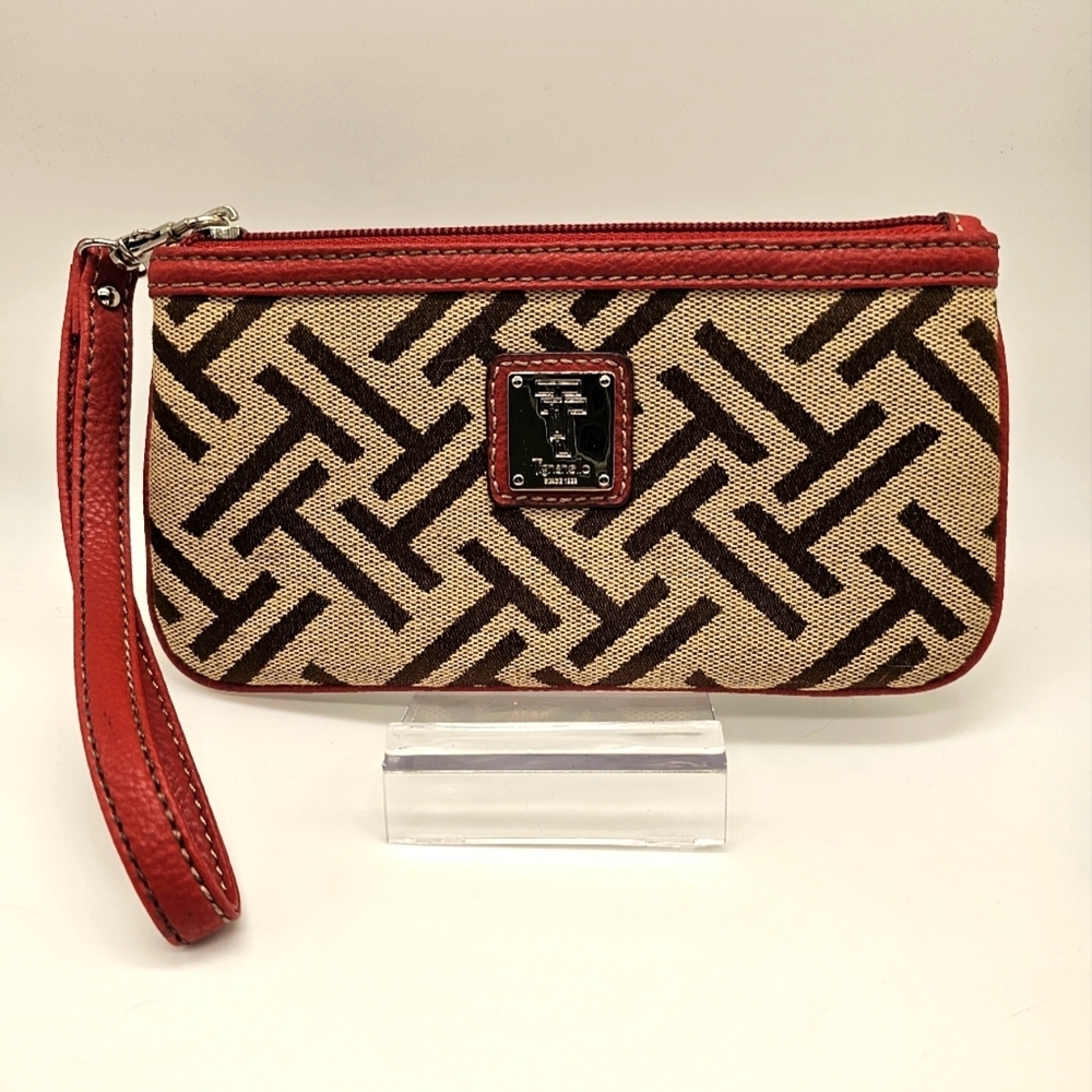 Tignaello Signature Woven Fabric and Red Leather Trimmed Wristlet